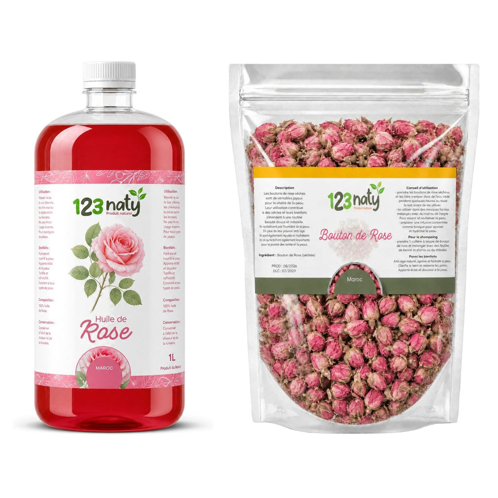 Pack 1L Huile de Rose & 1kg Bouton de Rose Séchée | 123NATY — pack de 2 produits