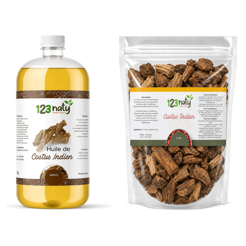 Pack 1L Huile de Costus Indien & 1kg Costus Indien Brut | 123NATY — pack de 2 produits