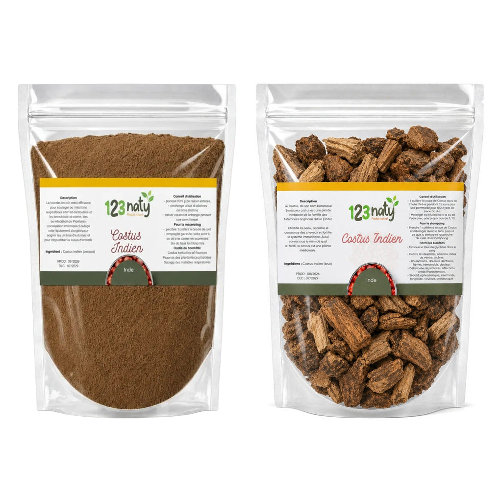 Pack 1kg Costus Indien en poudre & 1kg Costus Indien Brut | 123NATY — pack de 2 produits