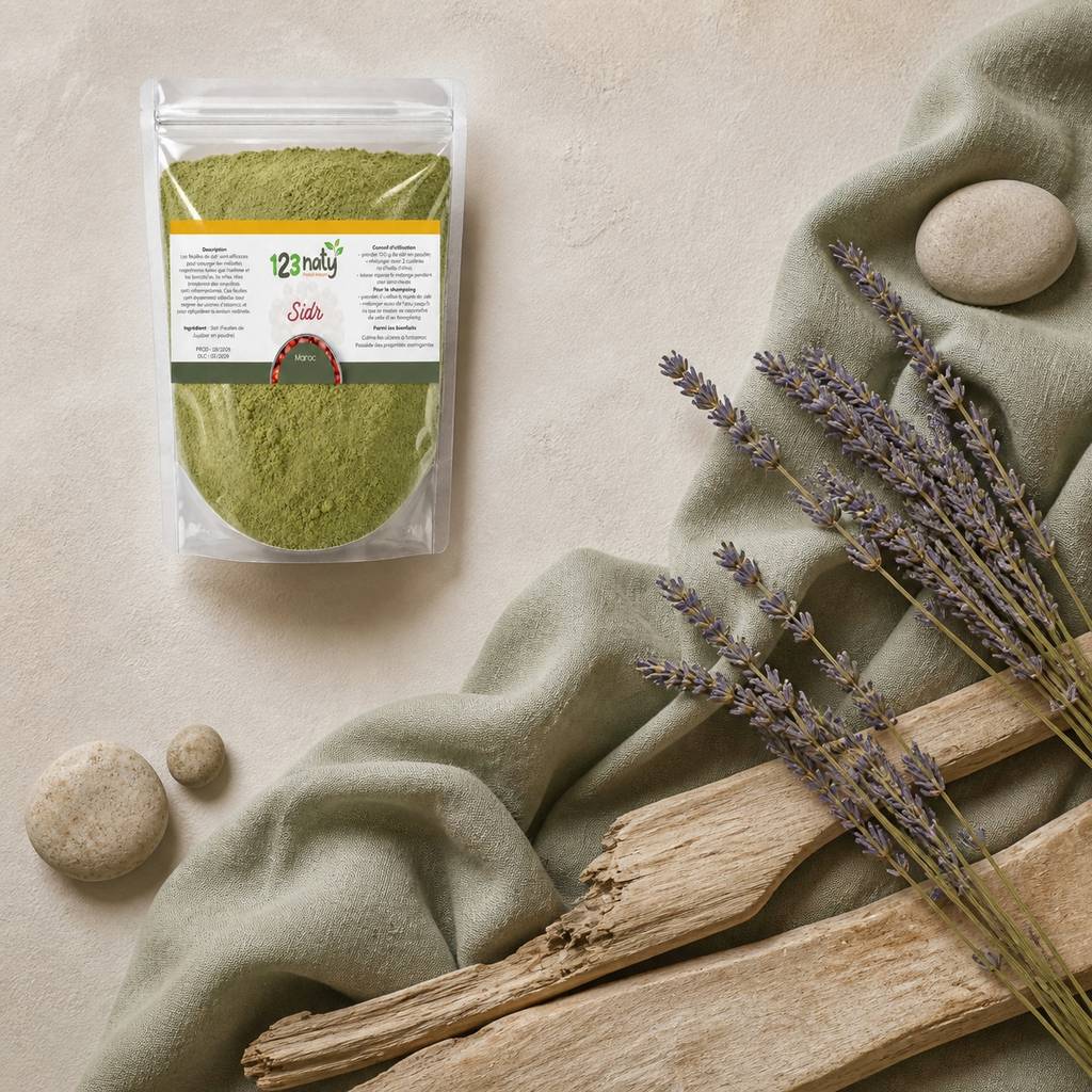 Feuille de jujubier (sidr) en poudre 100 g — Ambiance flat lay