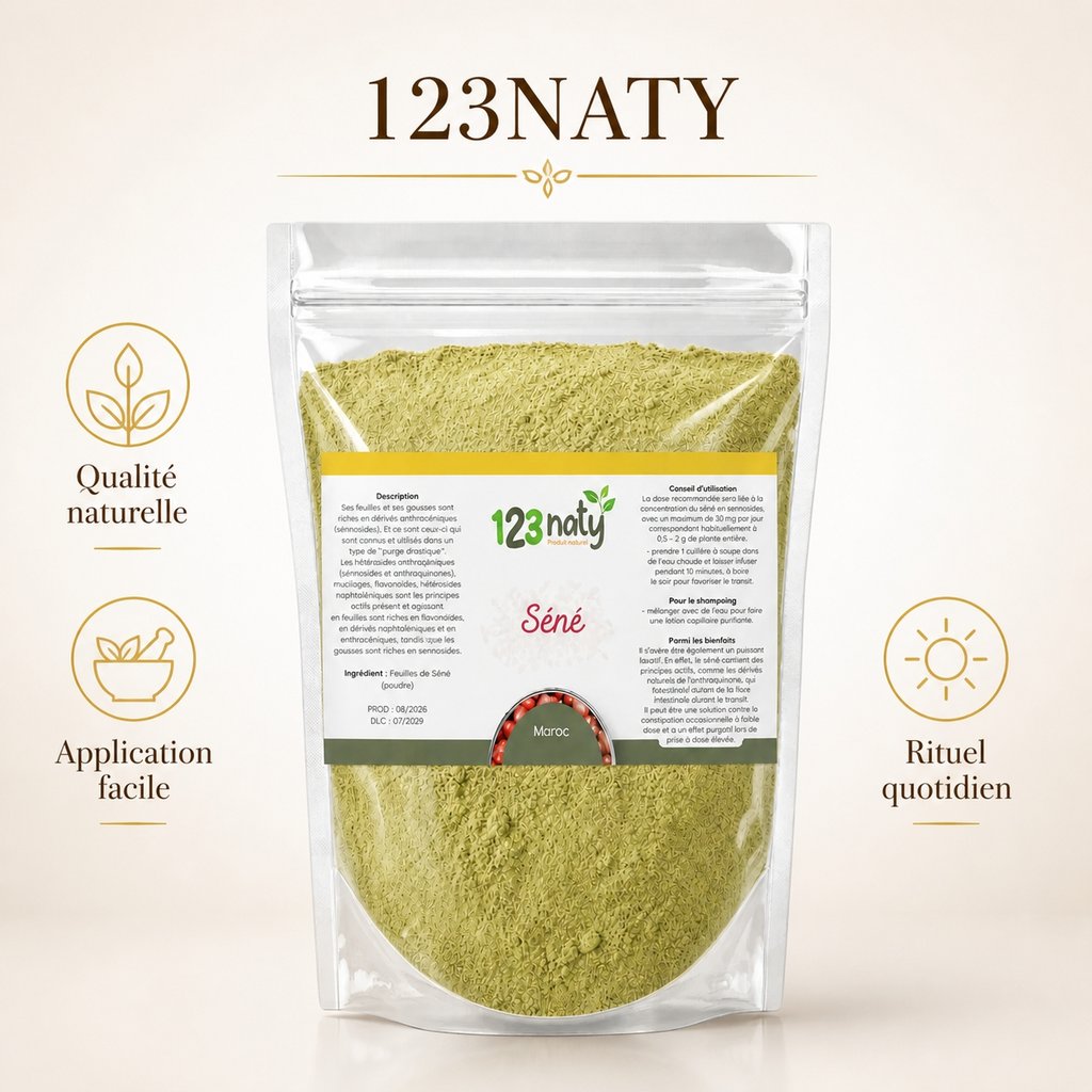 100g Feuille de Séné en Poudre | 123NATY — Infographie bénéfices clés