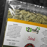 Feuille de séné – 100 g – Feuilles sèches | 123NATY — Détail macro du flacon
