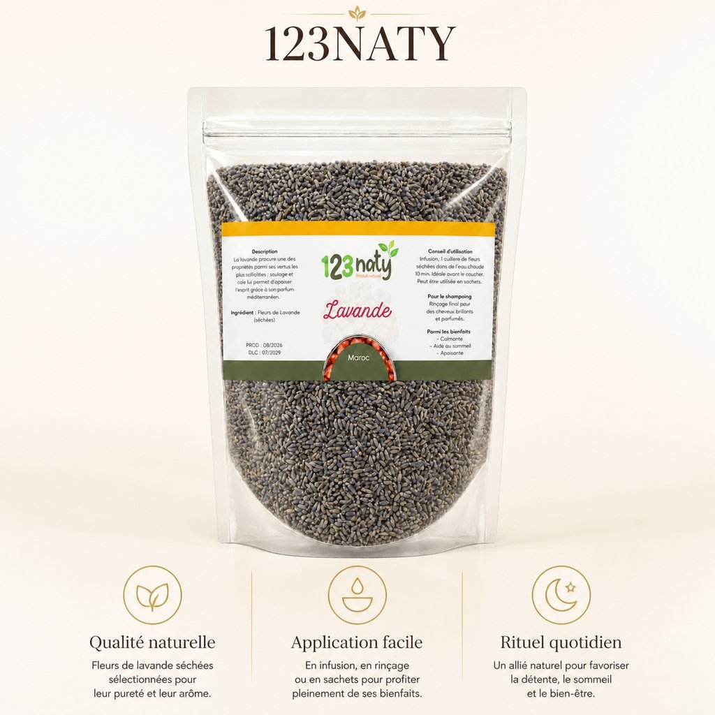 100g Fleur de Lavande séché | 123NATY — Infographie bénéfices clés