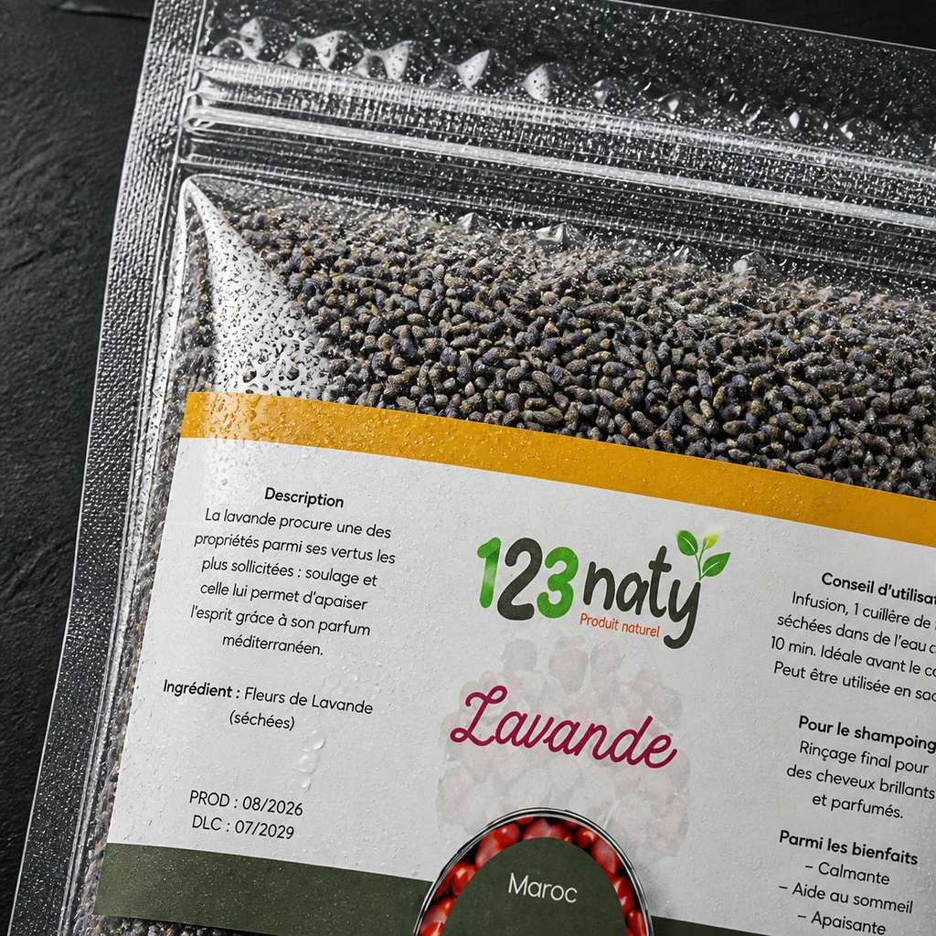 100g Fleur de Lavande séché | 123NATY — Détail macro du flacon