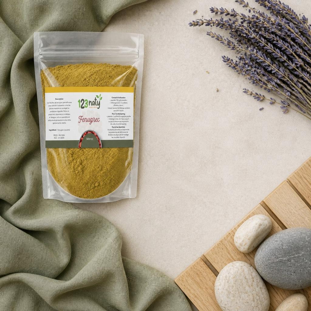 100g Graine de Fenugrec en Poudre — Ambiance flat lay