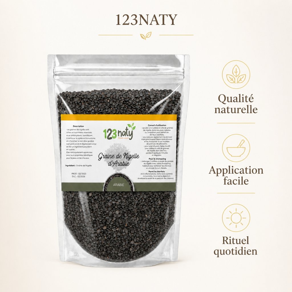 100g Graine de Nigelle d'Arabie | 123NATY — Infographie bénéfices clés
