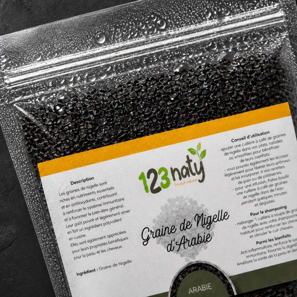 100g Graine de Nigelle d'Arabie | 123NATY — Détail macro du flacon