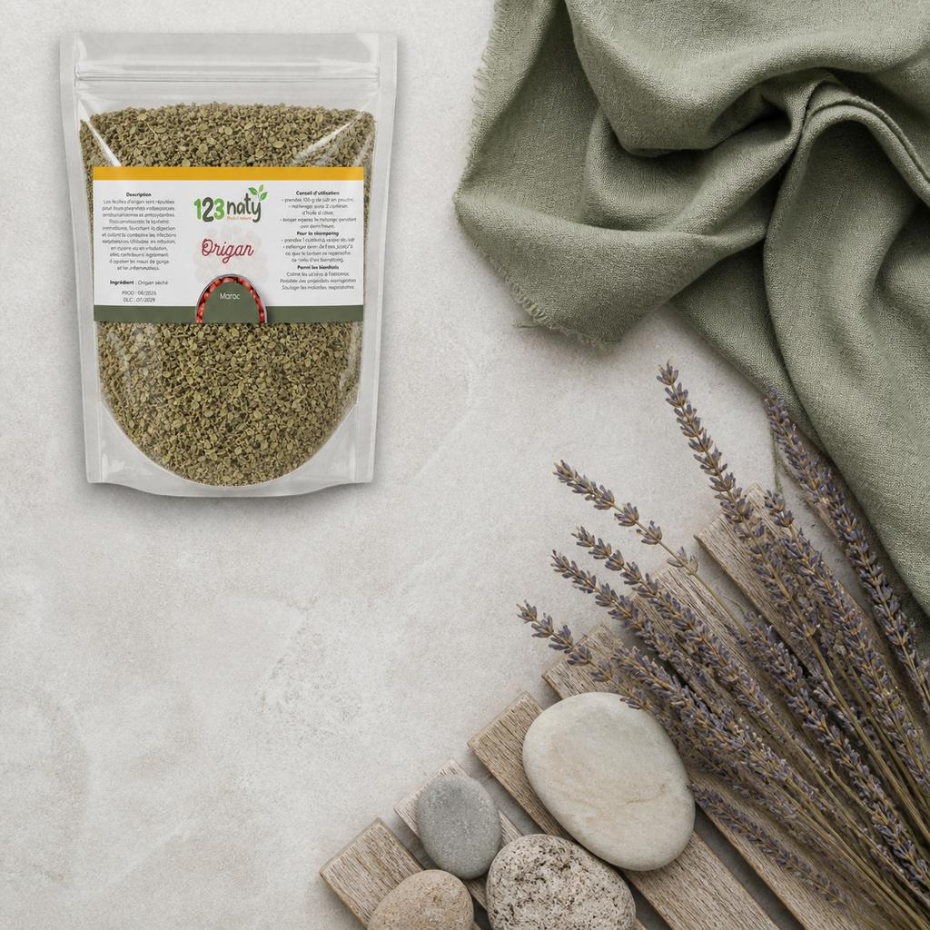 100g Origan en Feuille Séché | 123NATY — Ambiance flat lay