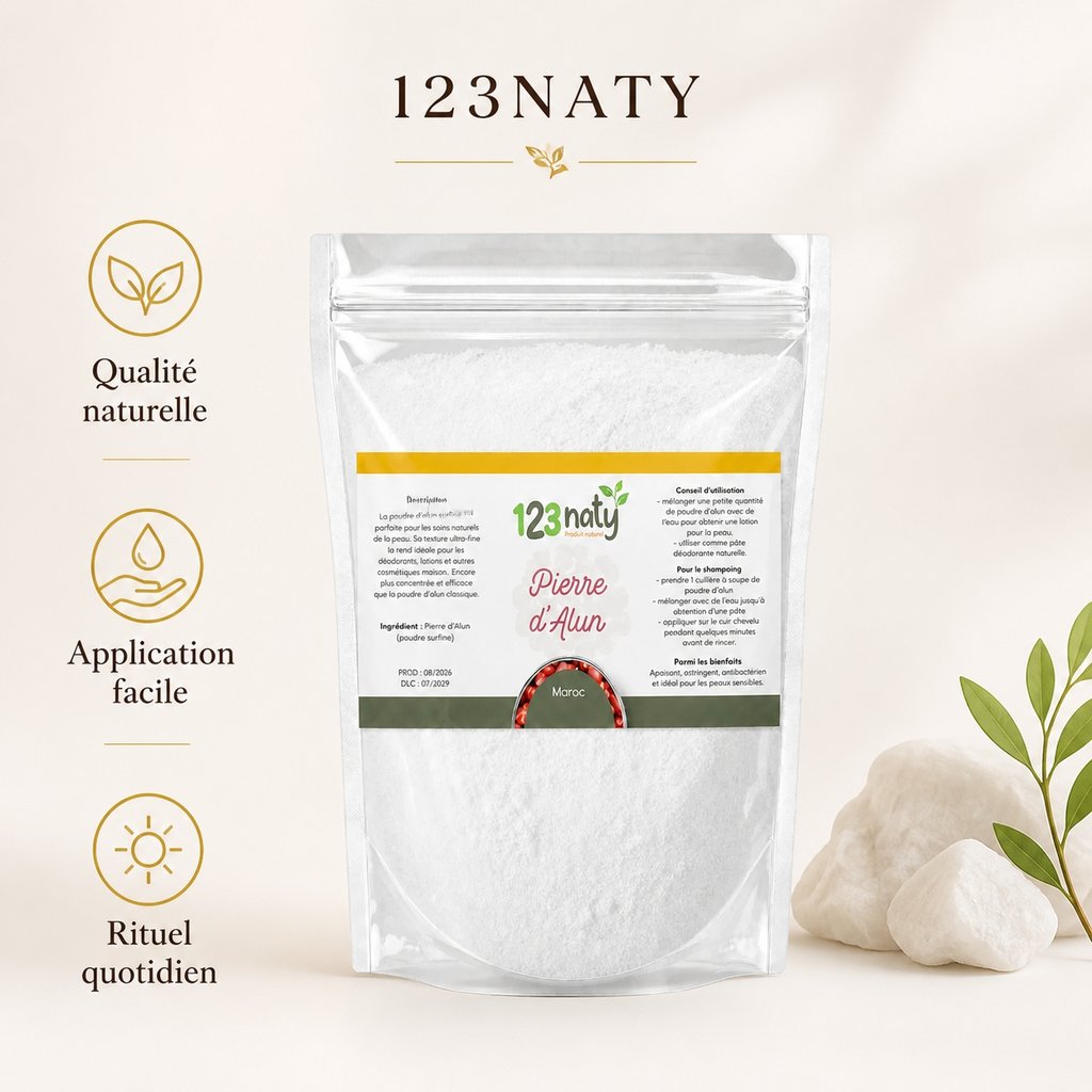 100g Pierre d'Alun Poudre Cristaux | 123NATY — Infographie bénéfices clés