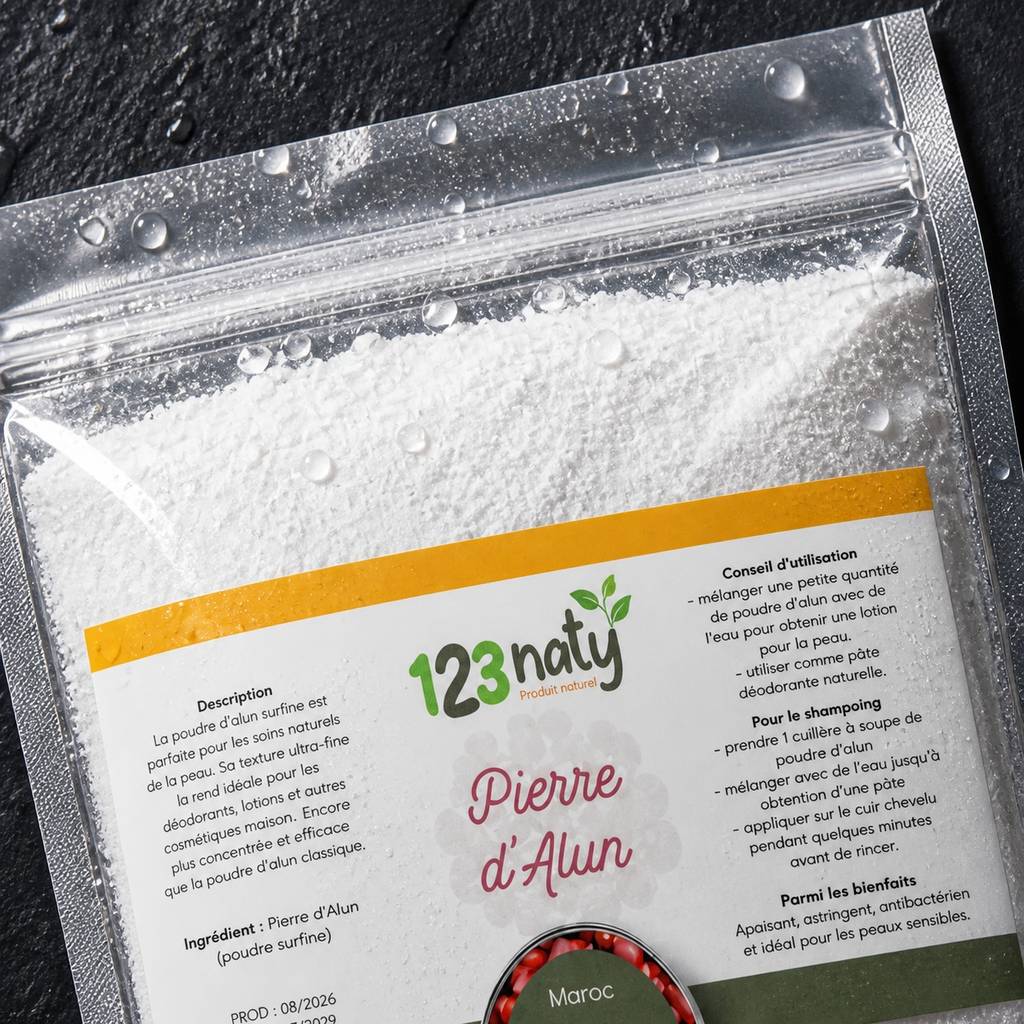 100g Pierre d'Alun Poudre Surfine | 123NATY — Détail macro du flacon
