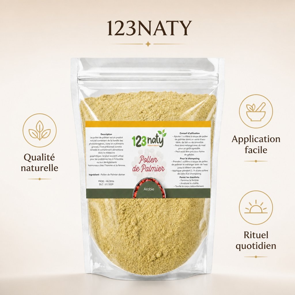 Pollen de palmier 100 g | Origine Arabie | 123NATY — Infographie bénéfices clés