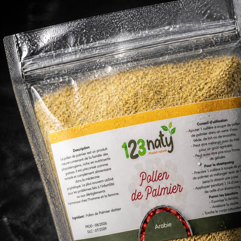 Pollen de palmier 100 g | Origine Arabie | 123NATY — Détail macro du flacon