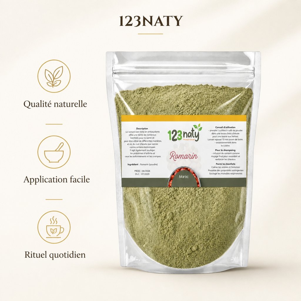 100g Romarin Poudre | 123NATY — Infographie bénéfices clés