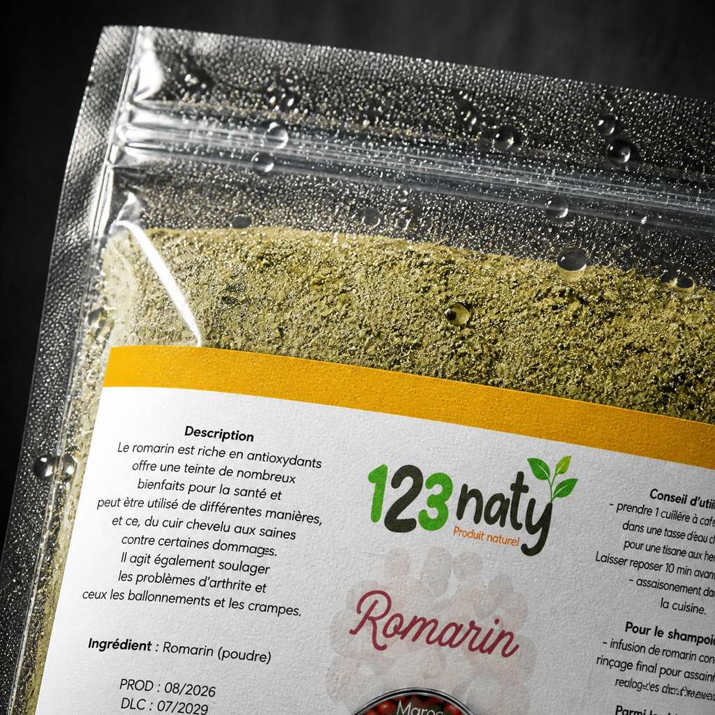 100g Romarin Poudre | 123NATY — Détail macro du flacon