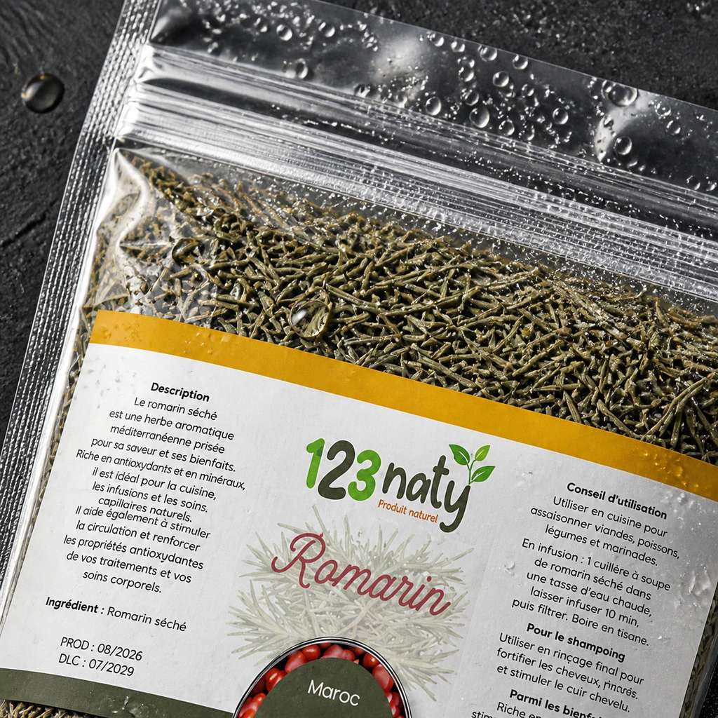 100g Romarin Séchée | 123NATY — Détail macro du flacon