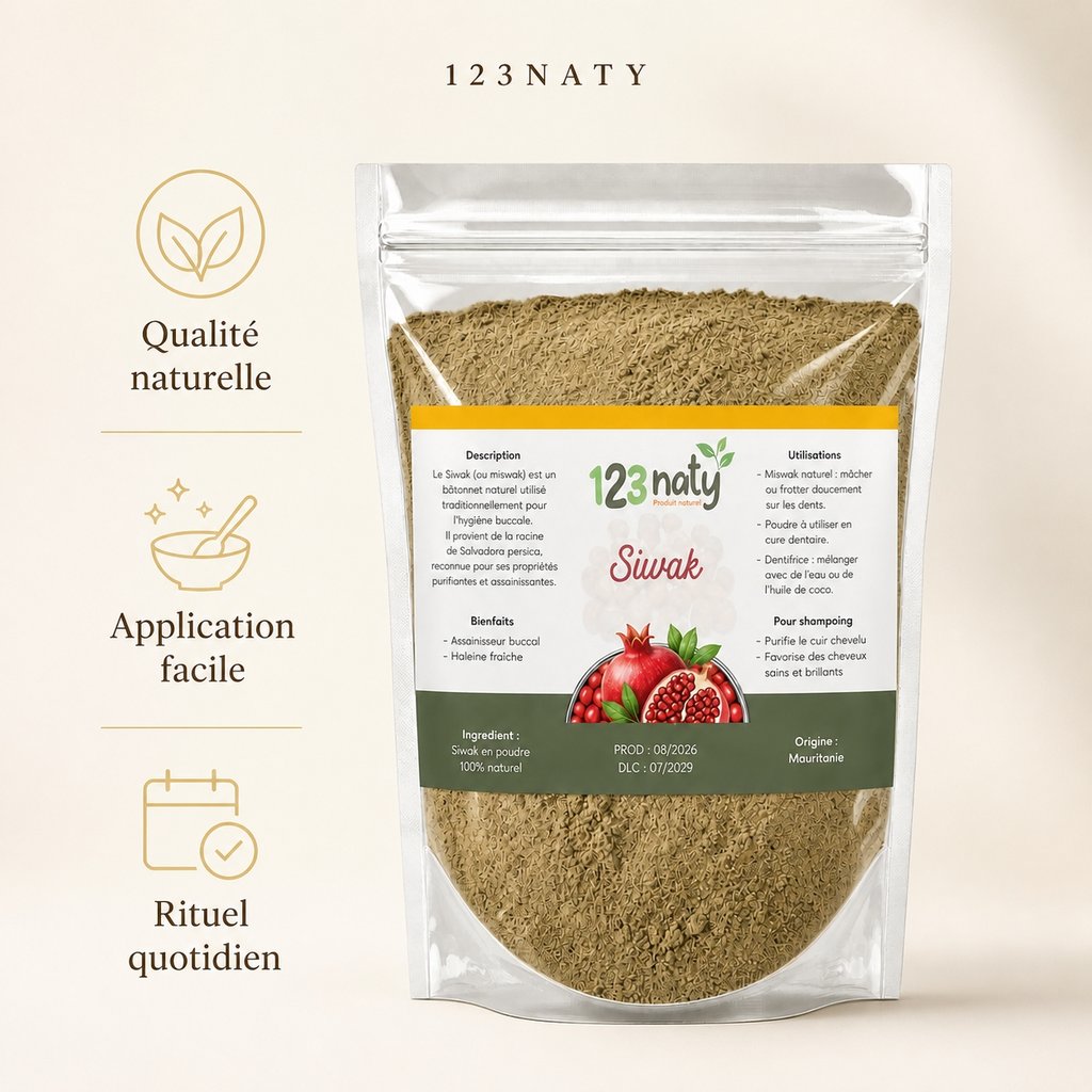 Siwak en poudre 100 g | Salvadora persica | Origine Mauritanie | 123NATY — Infographie bénéfices clés
