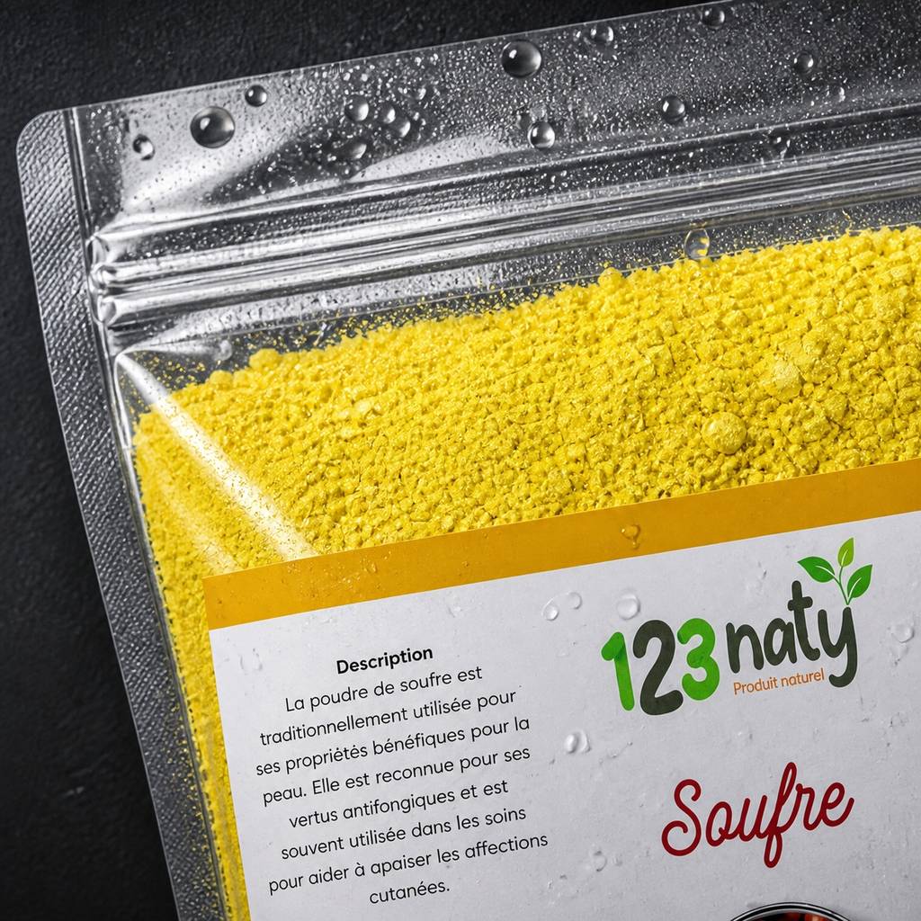 100g Soufre en Poudre | 123NATY — Détail macro du flacon