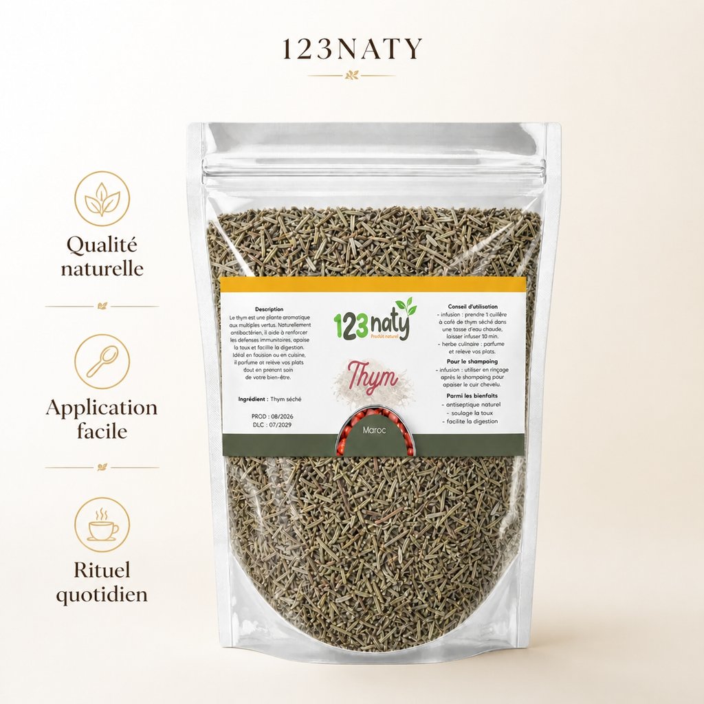100g Thym Séchée | 123NATY — Infographie bénéfices clés