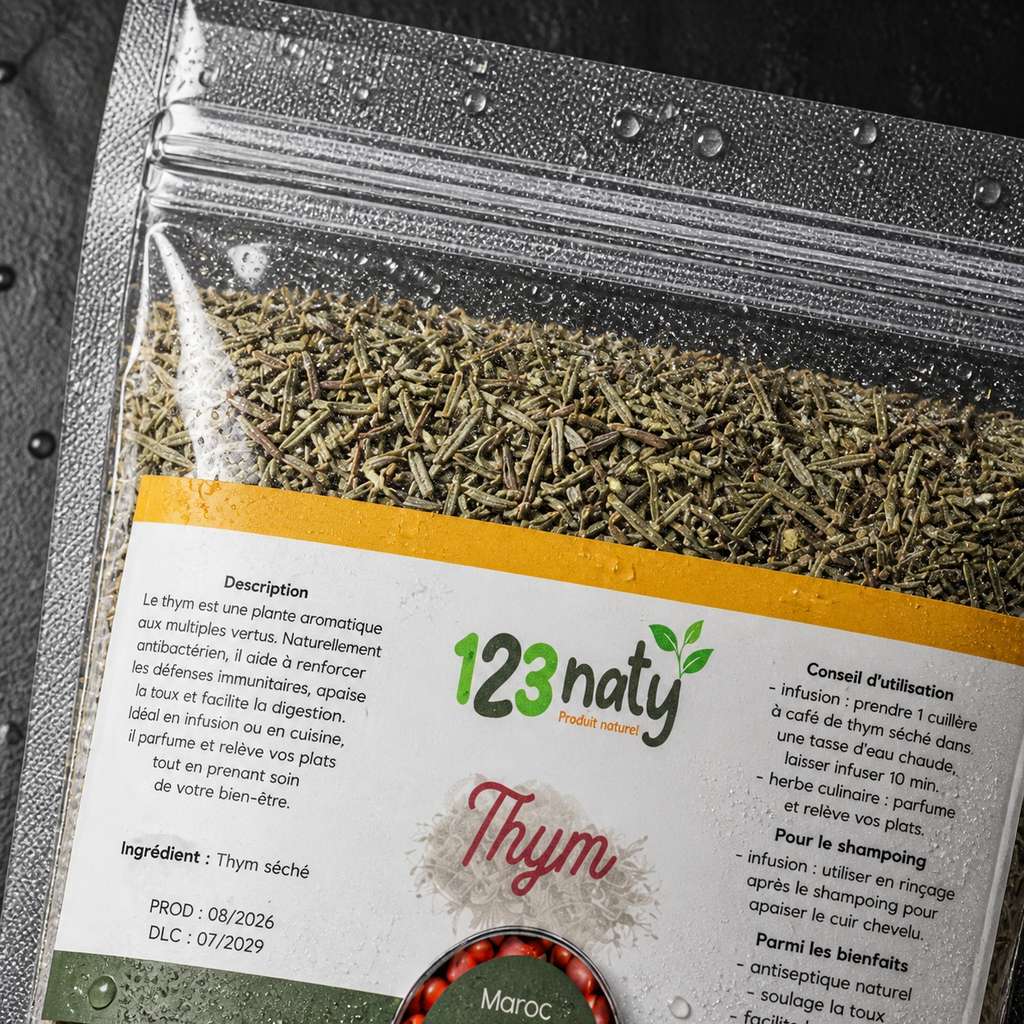 100g Thym Séchée | 123NATY — Détail macro du flacon