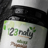 Propolis 120 Gélules – Renforce Immunité | 123NATY — Détail macro du flacon
