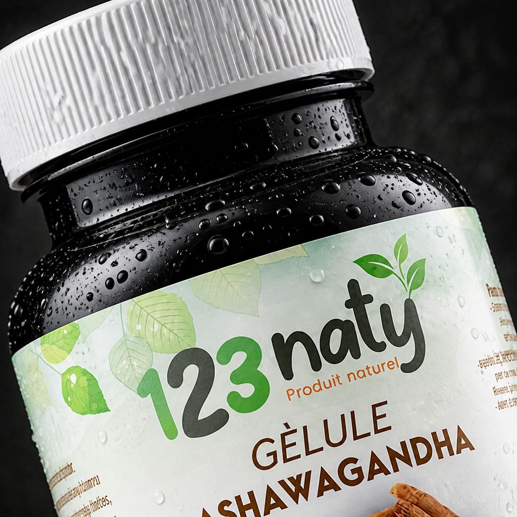 120 Gélules Ashwaganda 100% Naturel | 123NATY — Détail macro du flacon