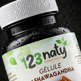 120 Gélules Ashwaganda 100% Naturel | 123NATY — Détail macro du flacon