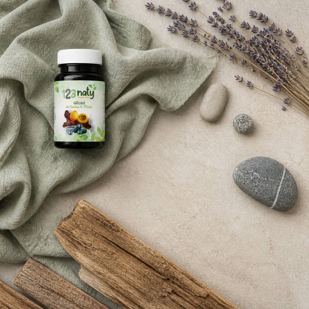 Costus Indien + Maca – 120 Gélules – Complément Naturel – Endurance & Immunité | 123NATY — Ambiance flat lay