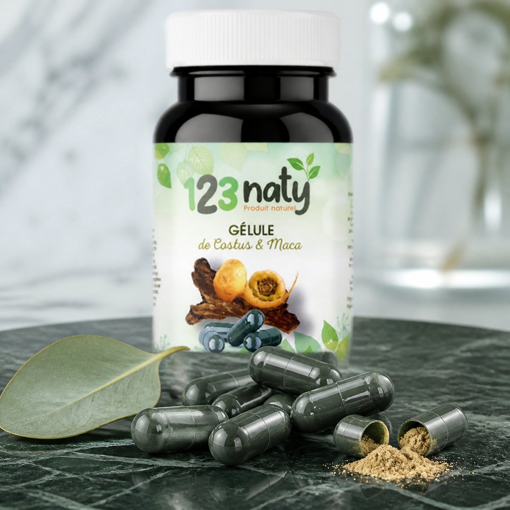 Costus Indien + Maca – 120 Gélules – Complément Naturel – Endurance & Immunité | 123NATY — Texture en gros plan