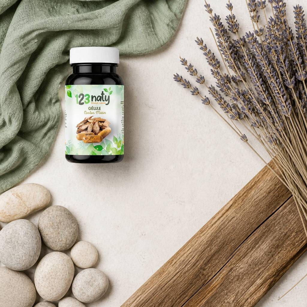 120 Gélules de Costus Marin – Plante Médicinale – Vitalité & Détox Naturelle | 123NATY — Ambiance flat lay