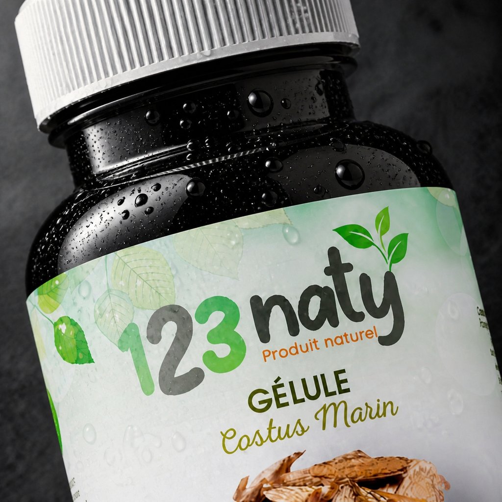 120 Gélules de Costus Marin – Plante Médicinale – Vitalité & Détox Naturelle | 123NATY — Détail macro du flacon