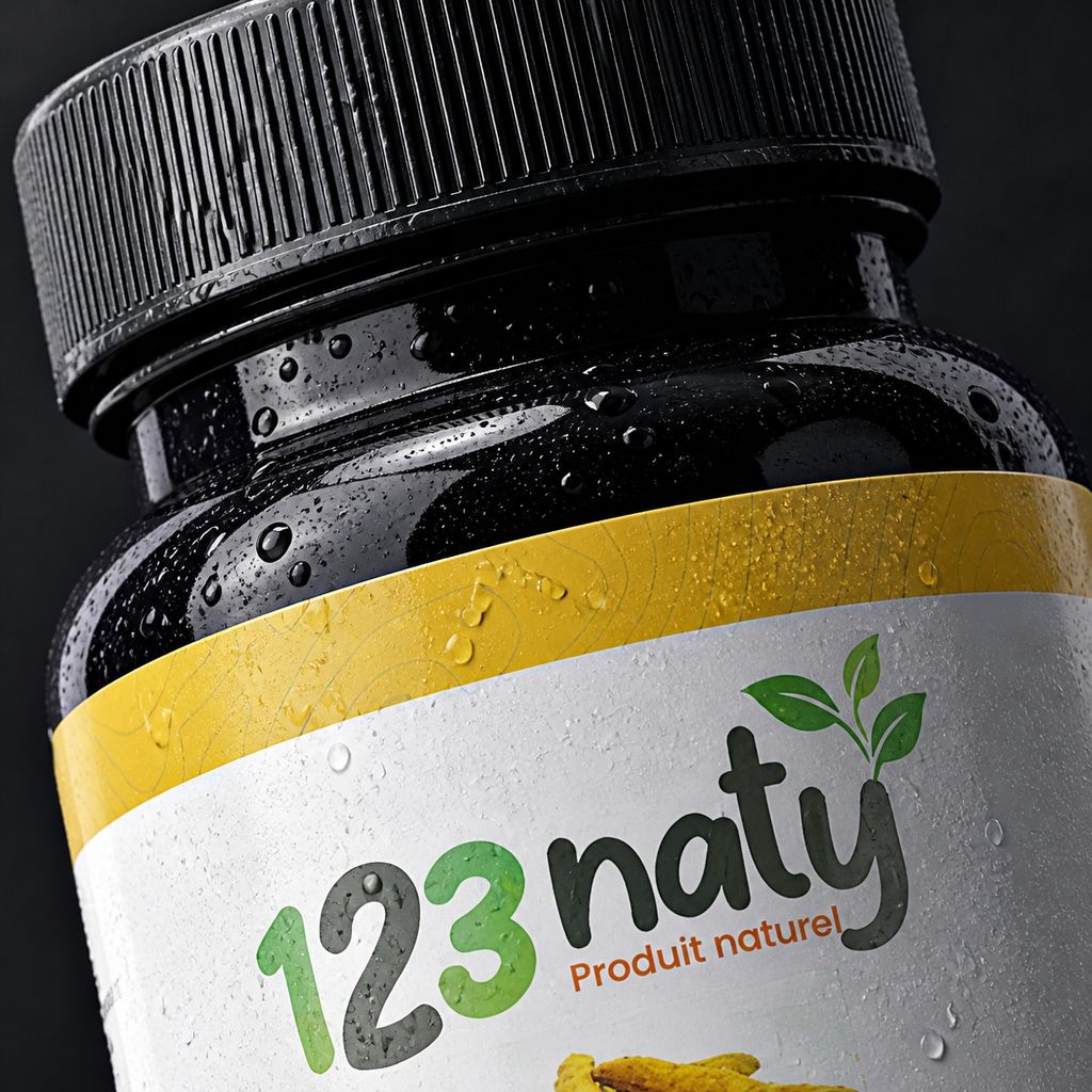 120 Gélules de Curcuma | 123NATY — Détail macro du flacon