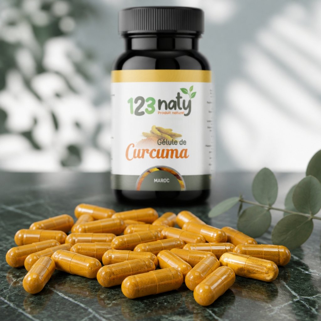 120 Gélules de Curcuma | 123NATY — Texture en gros plan