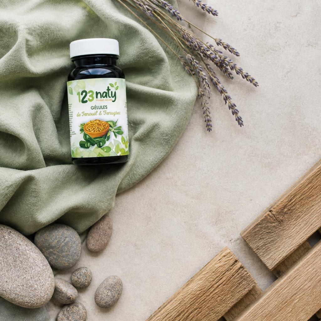 120 Gélules de Fenouil et Fenugrec – Plantes Médicinales – Santé & Vitalité Naturelle | 123NATY — Ambiance flat lay