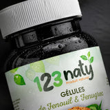 120 Gélules de Fenouil et Fenugrec – Plantes Médicinales – Santé & Vitalité Naturelle | 123NATY — Détail macro du flacon