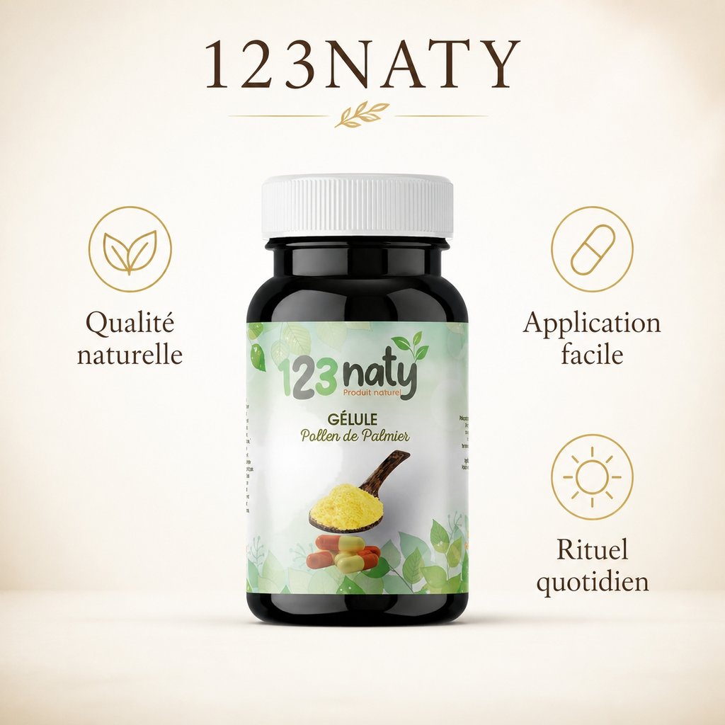 120 Gélules Pollen de Palmier | 123NATY — Infographie bénéfices clés
