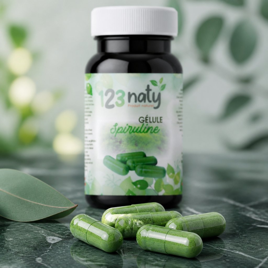 120 Gélules de Spiruline | 123NATY — Texture en gros plan