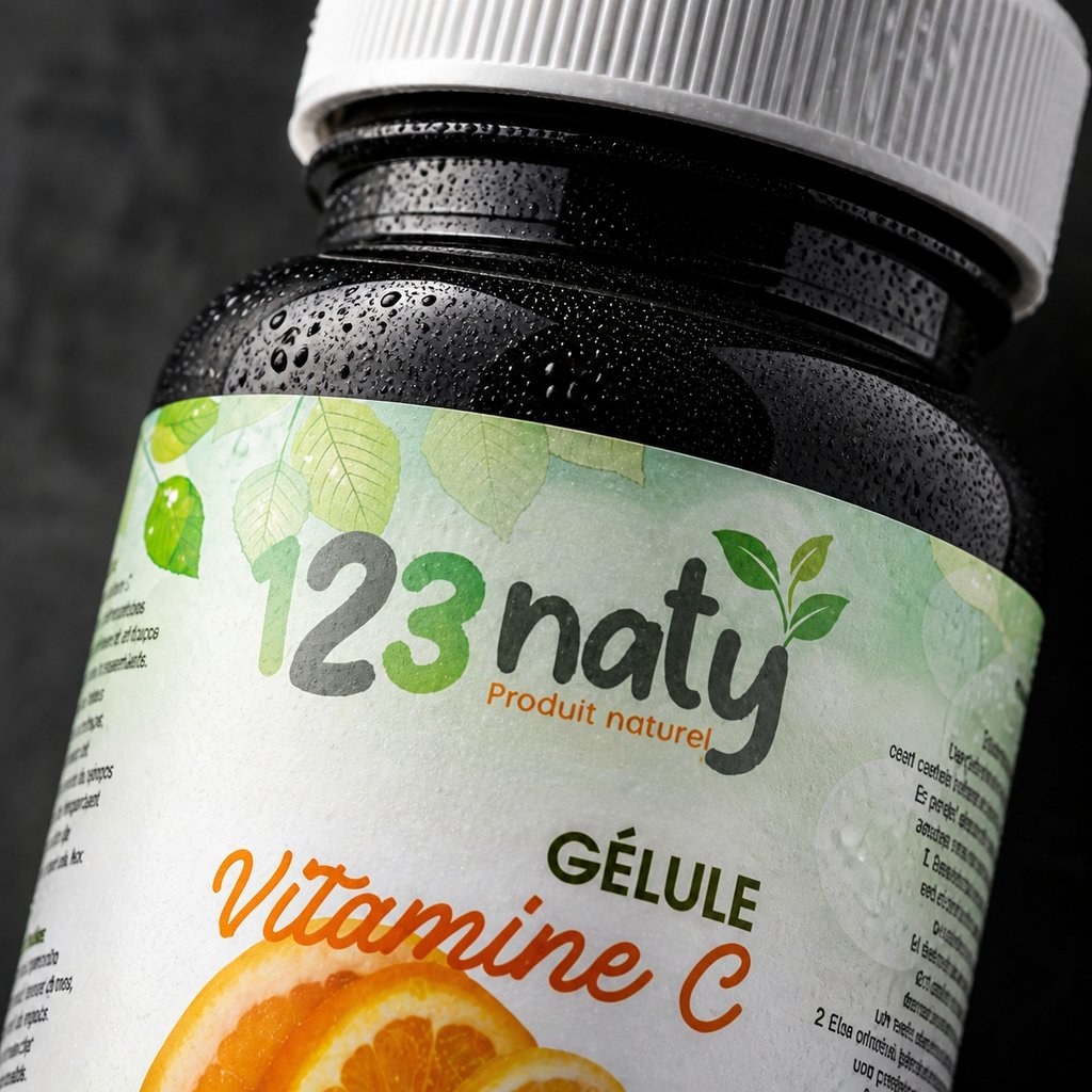 120 Gélules de Vitamines C | 123NATY — Détail macro du flacon