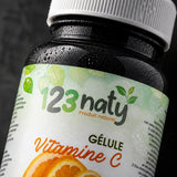 120 Gélules de Vitamines C | 123NATY — Détail macro du flacon