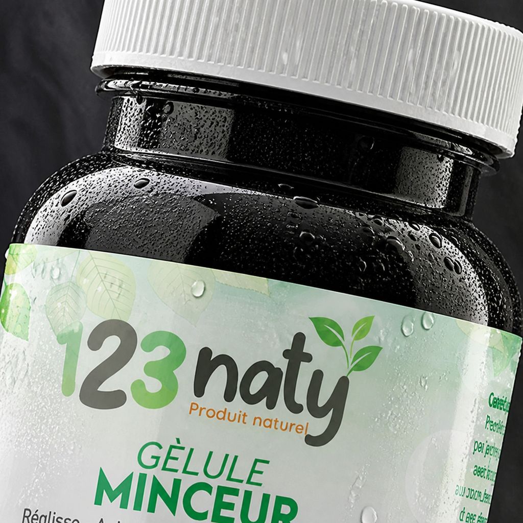 120 Gélules Minceur 100% Naturel | 123NATY — Détail macro du flacon