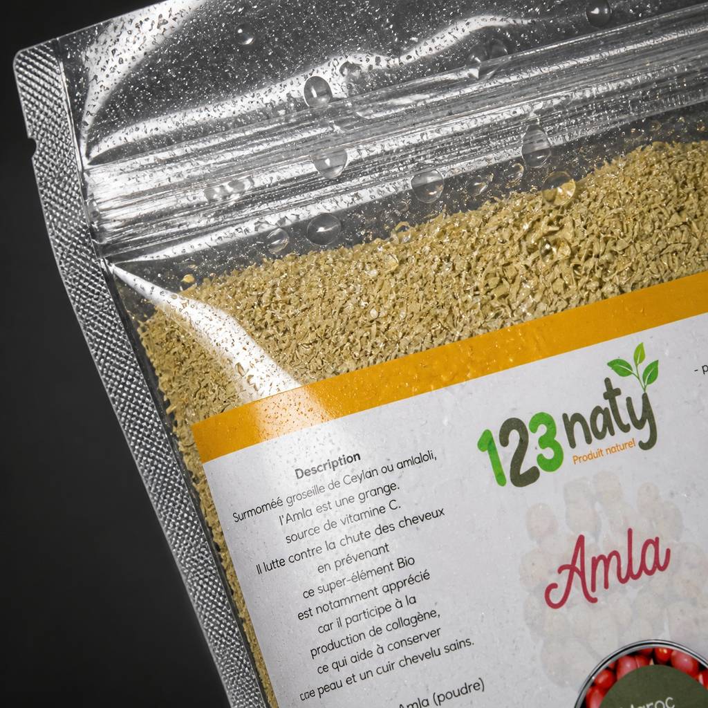 1kg Amla poudre | 123NATY — Détail macro du flacon