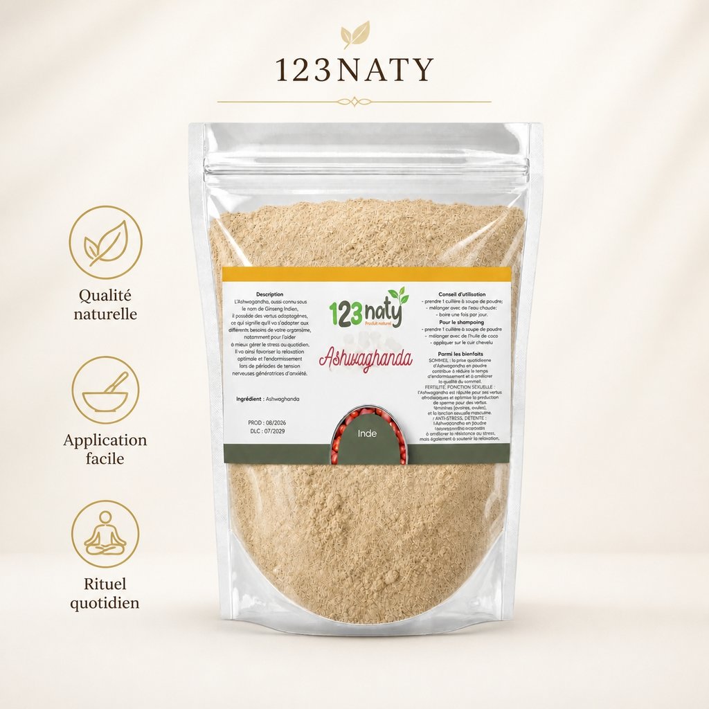1kg Ashwaghanda | 123NATY — Infographie bénéfices clés