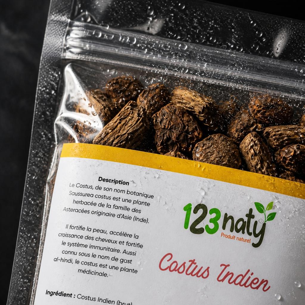 1kg Costus Indien Brut – 100% Naturel – Santé & Bien-être | 123NATY — Détail macro du flacon