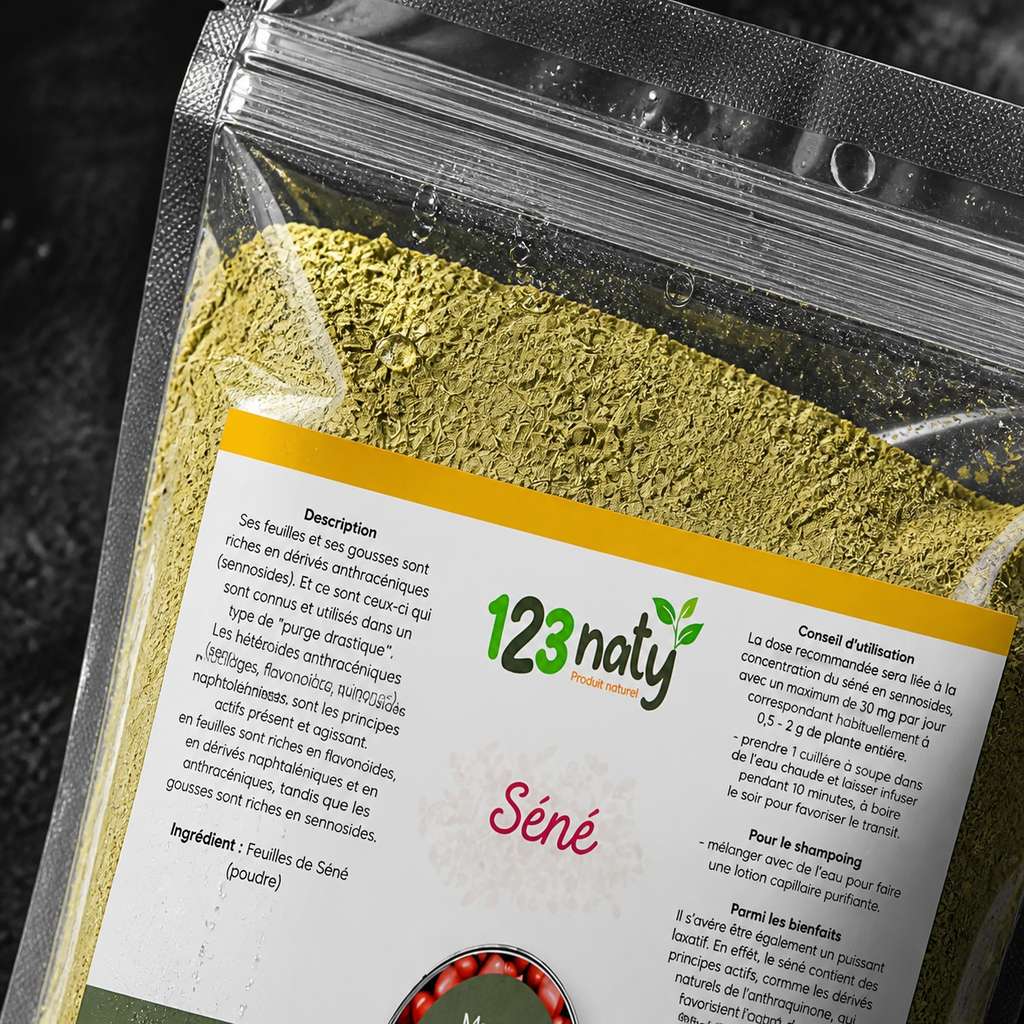 1kg Feuilles de Séné en Poudre – Plante Médicinale Naturelle – Détox | 123NATY — Détail macro du flacon