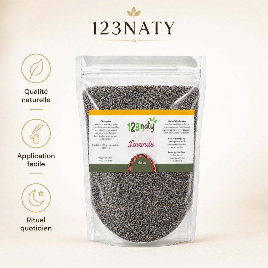 1kg Fleurs de Lavande Séchées – 100% Naturelles – Infusion Apaisante & Bien-être – Qualité | 123NATY — Infographie bénéfices 