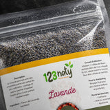 1kg Fleurs de Lavande Séchées – 100% Naturelles – Infusion Apaisante & Bien-être – Qualité | 123NATY — Détail macro du flacon