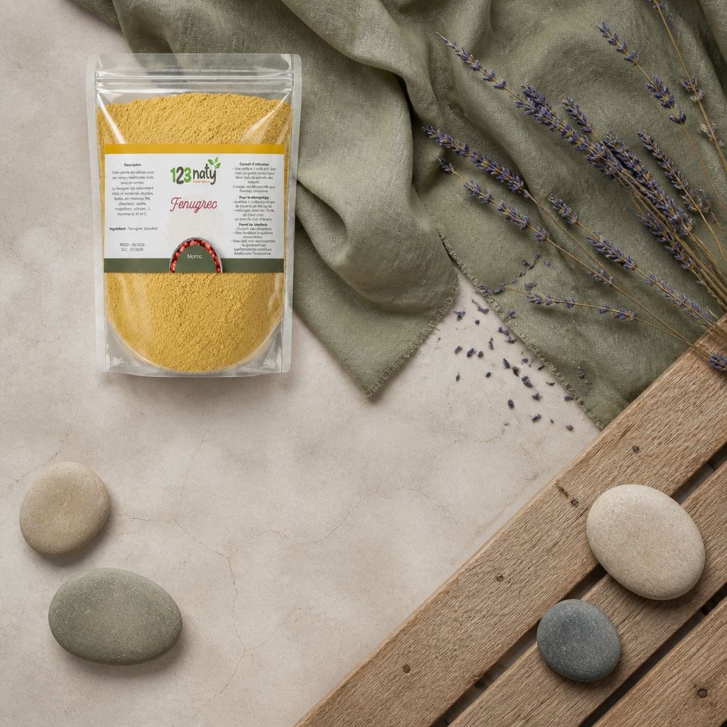 1kg Fenugrec en Poudre – 100% Naturel – Superaliment Santé & Bien-être | 123NATY — Ambiance flat lay