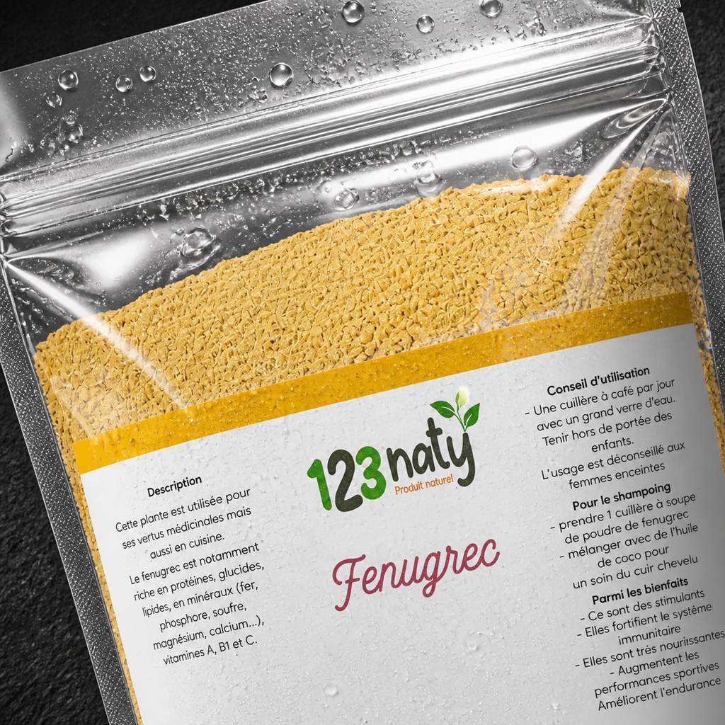1kg Fenugrec en Poudre – 100% Naturel – Superaliment Santé & Bien-être | 123NATY — Détail macro du flacon