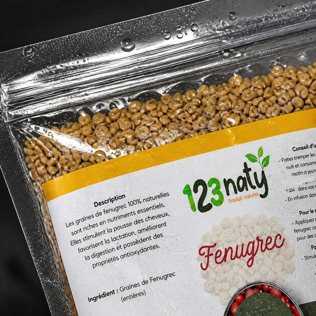 Graine de Fenugrec Entière – 1 kg | 123NATY — Détail macro du flacon