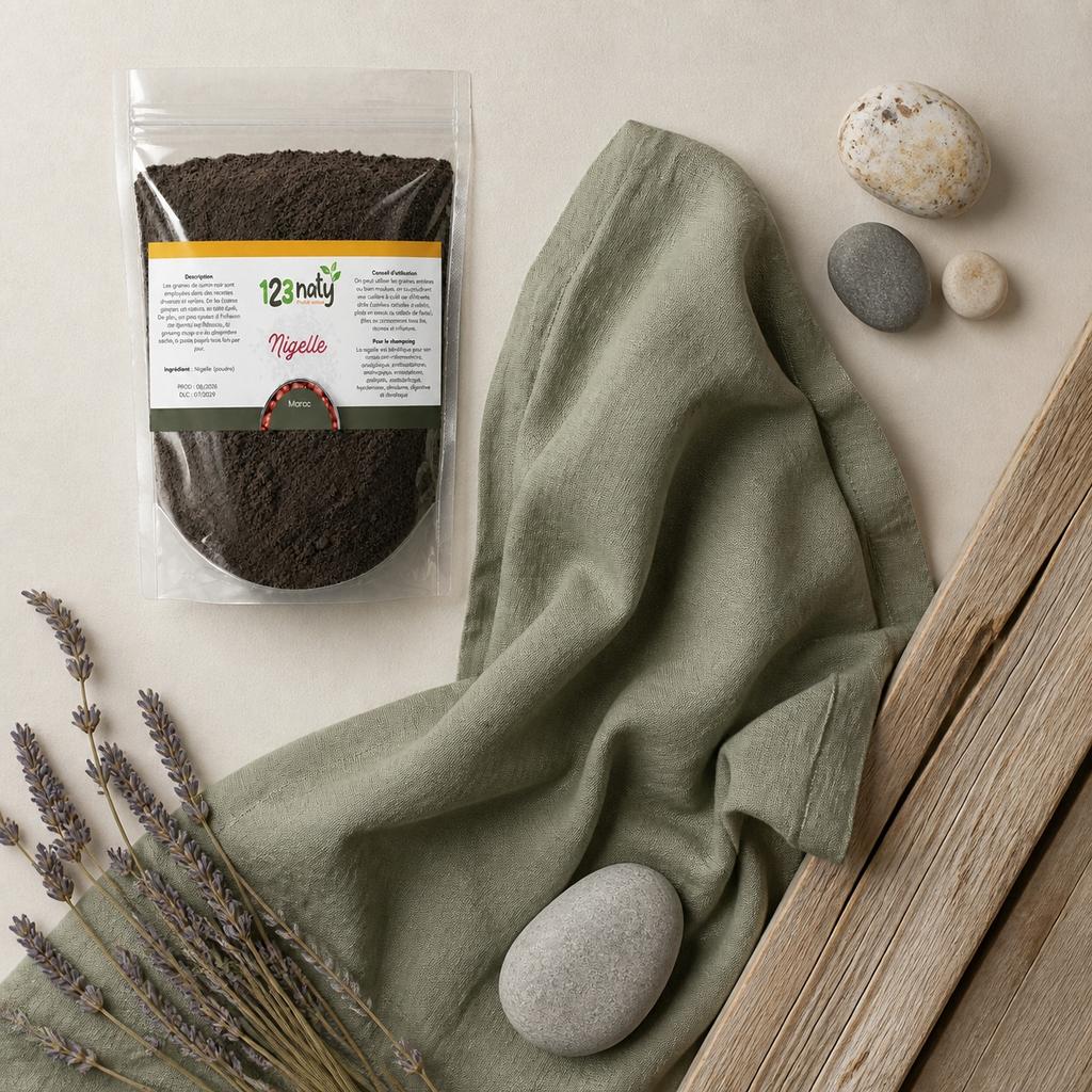 1kg Nigelle en Poudre – 100% Naturelle – Superaliment Santé & Bien-être | 123NATY — Ambiance flat lay