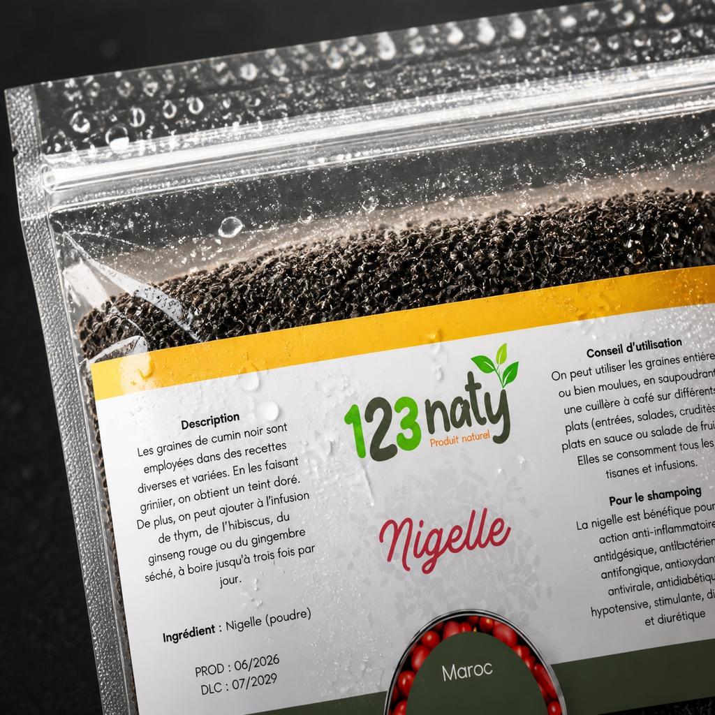 1kg Nigelle en Poudre – 100% Naturelle – Superaliment Santé & Bien-être | 123NATY — Détail macro du flacon